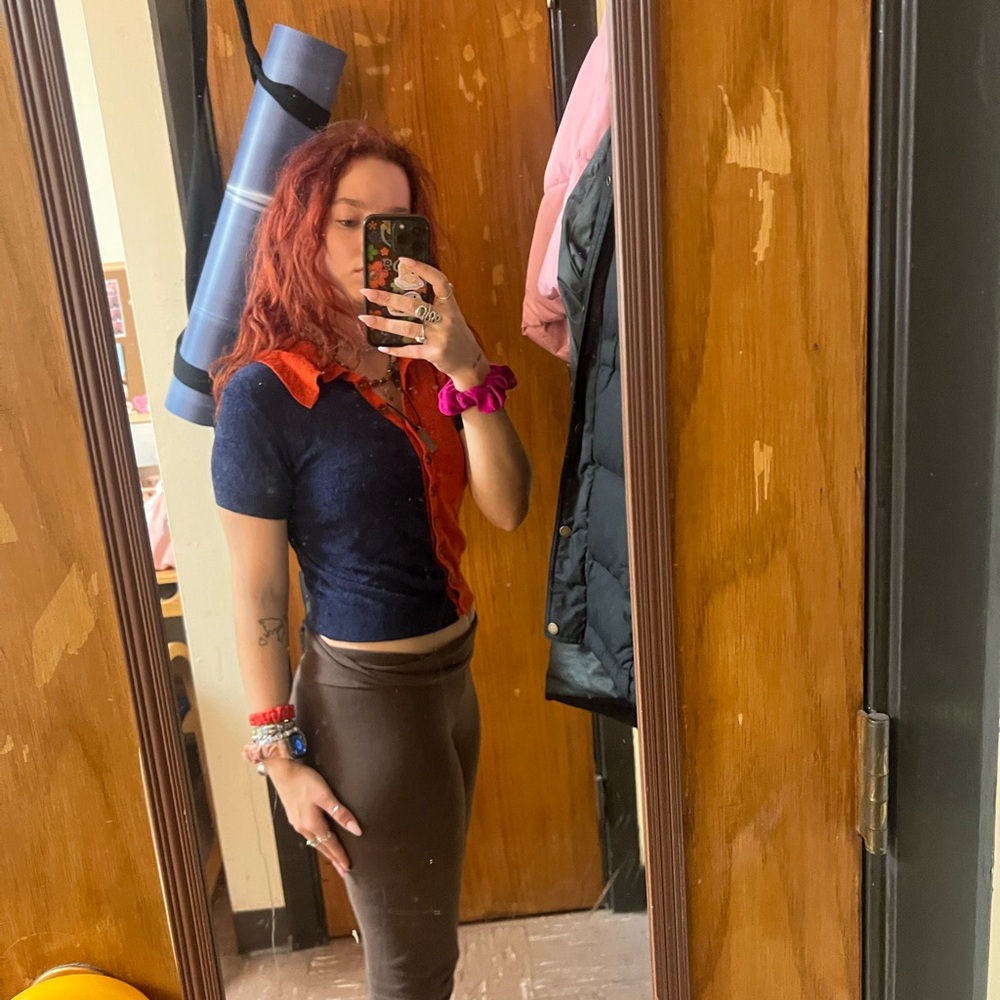 Navy and Red Button-Up Top